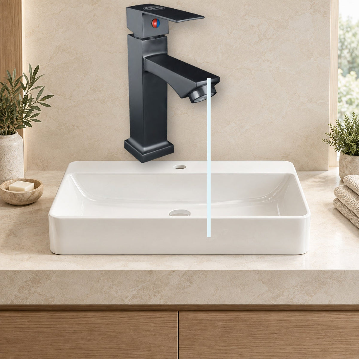 producto instalado sobre lavamanos con agua saliendo