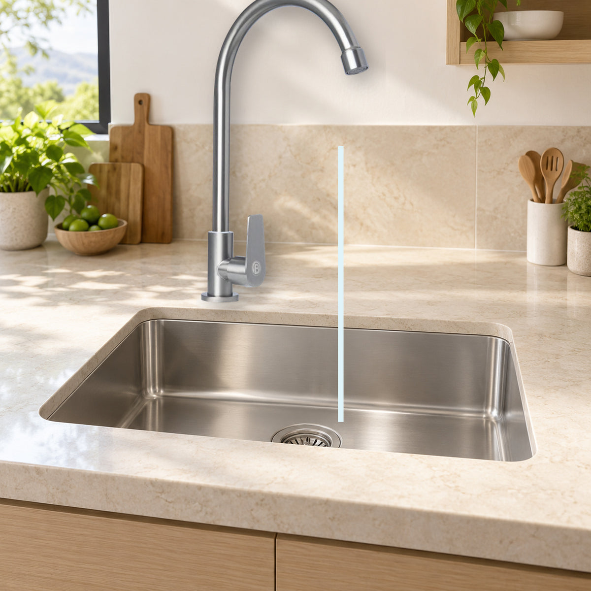 YW605: producto instalado sobre lavaplatos con agua saliendo