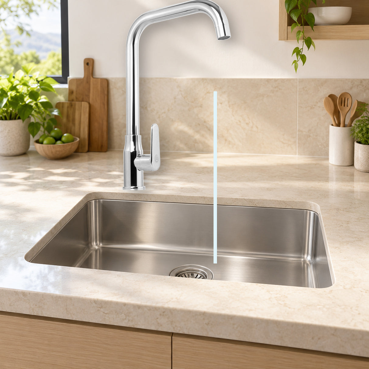 YW625: producto instalado sobre lavaplatos con agua saliendo