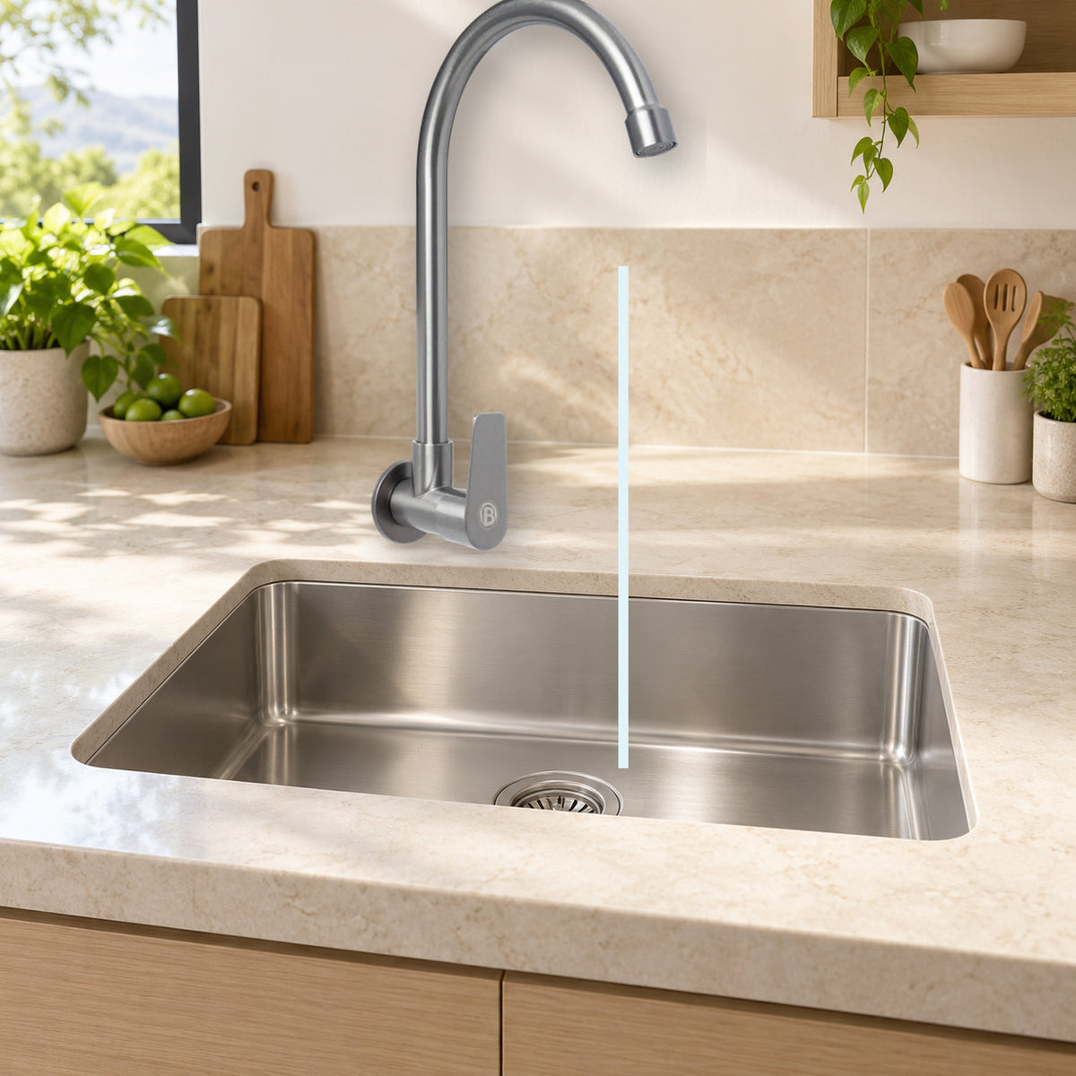 YW626-11: producto instalado sobre lavaplatos con agua saliendo