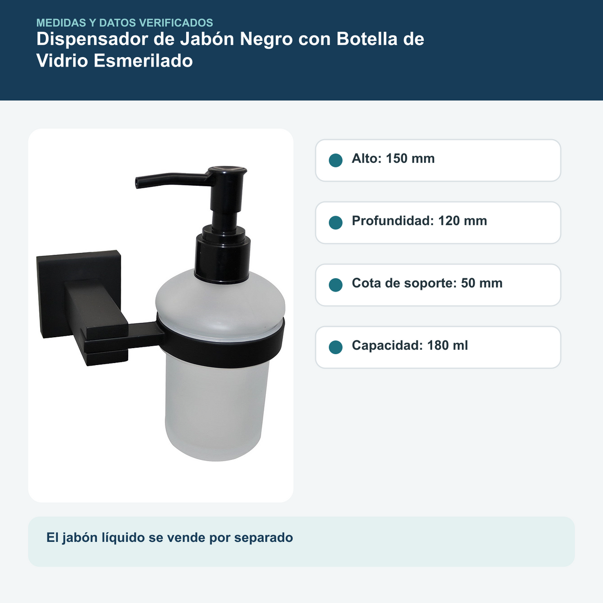 Medidas y datos verificados del dispensador de jabón negro con botella de vidrio esmerilado de 180 ml