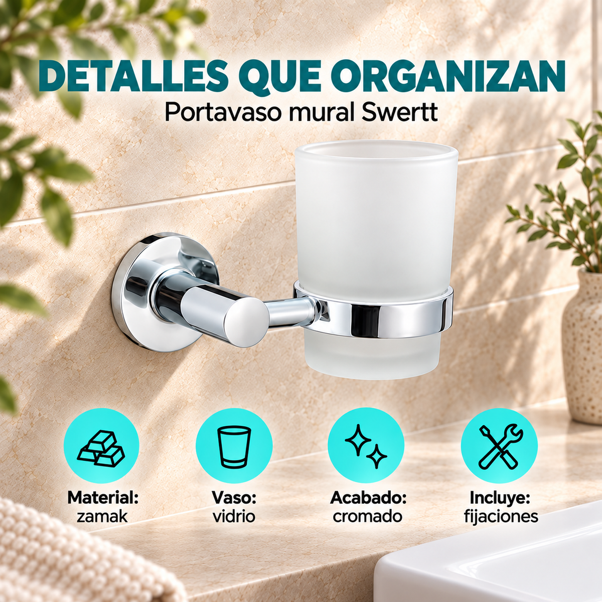 Portavaso mural Swertt cromado con vaso de vidrio, características