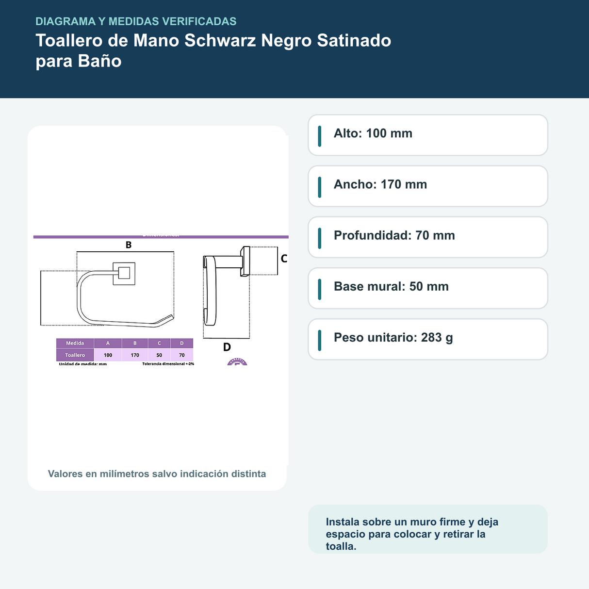 Diagrama o datos verificados del toallero de mano schwarz negro satinado para baño