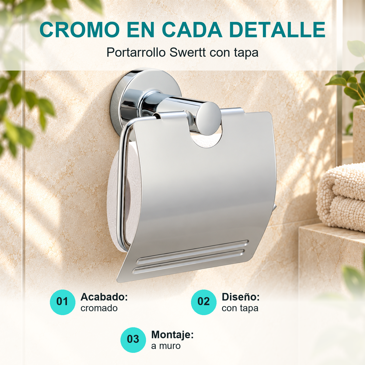 Portarrollos Swertt con Tapa Cromado - caracteristicas