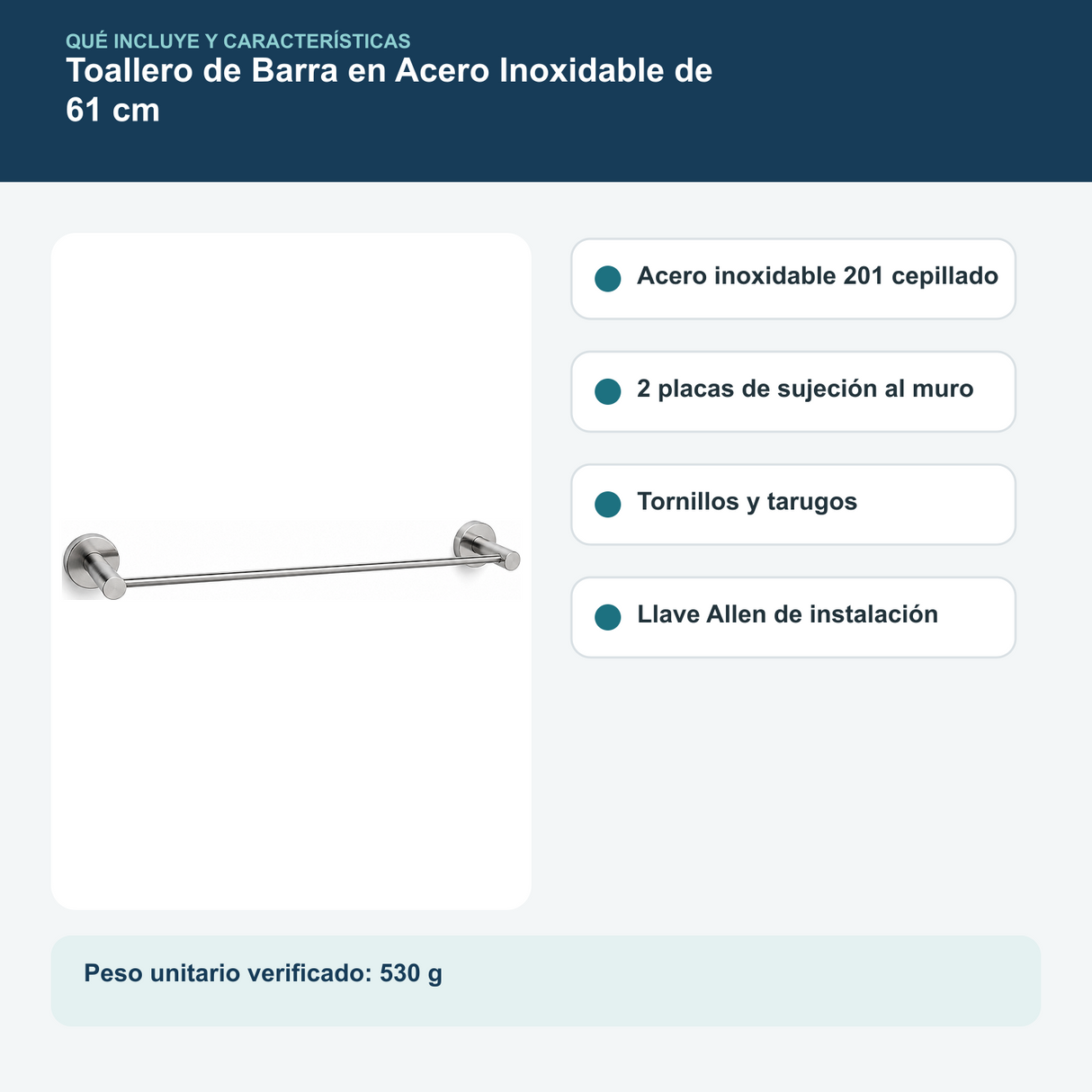 Contenido y características del toallero de barra en acero inoxidable de 61 cm