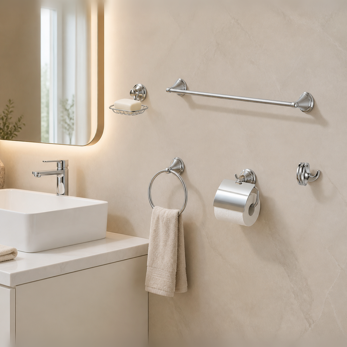 Cinco accesorios cromados instalados en una pared de baño