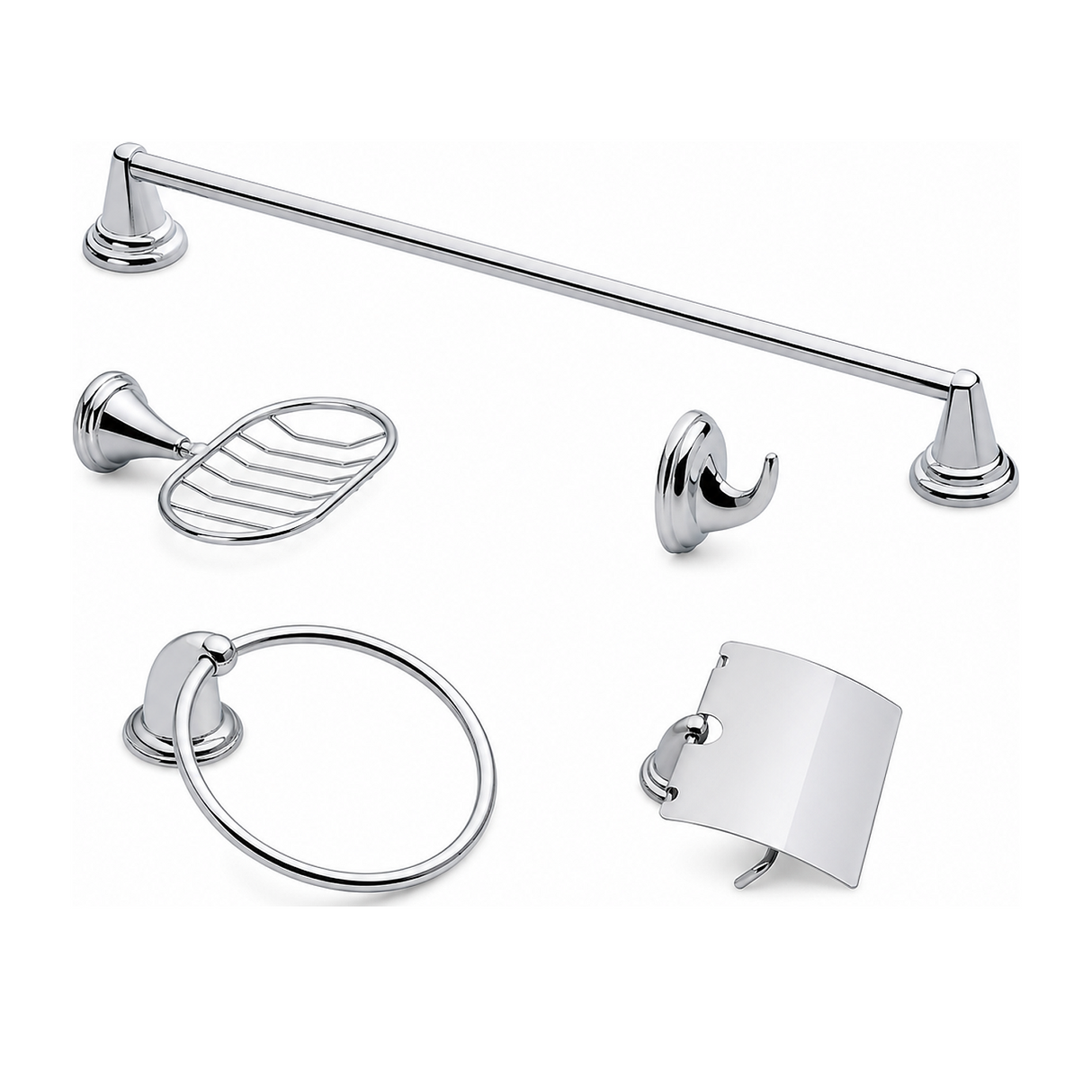 Set completo de cinco accesorios de baño sobre fondo blanco