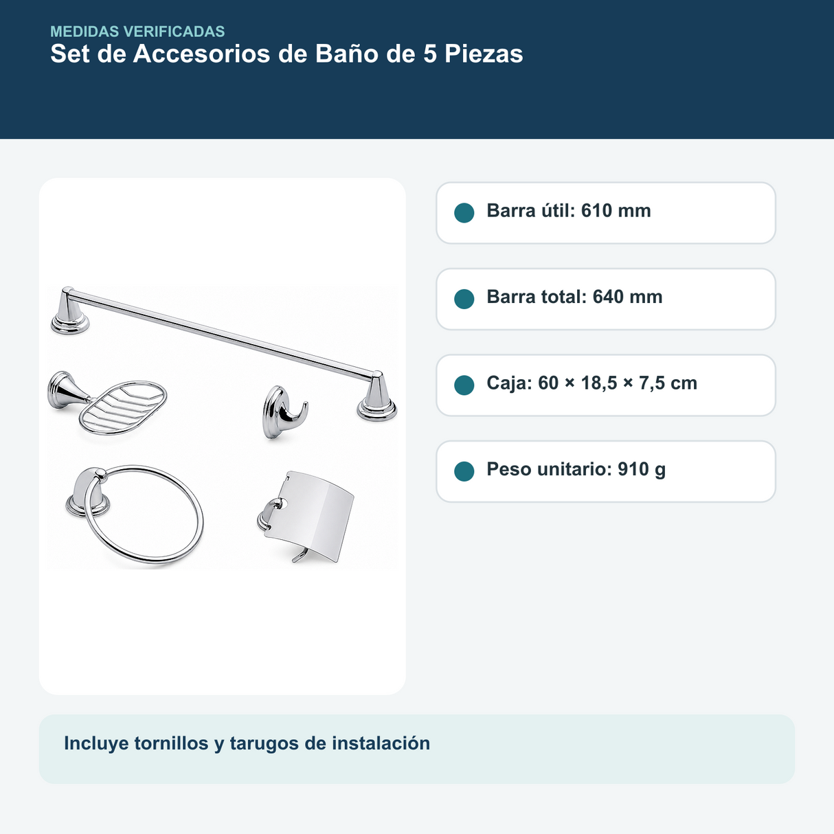 Barra, empaque y peso del set de cinco accesorios