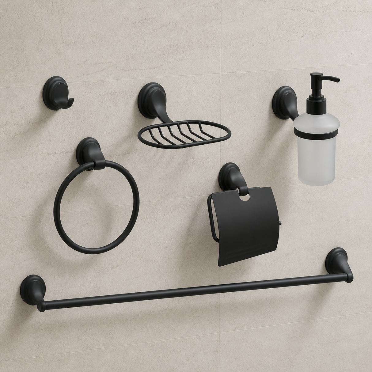 Seis accesorios negros instalados en una pared de baño