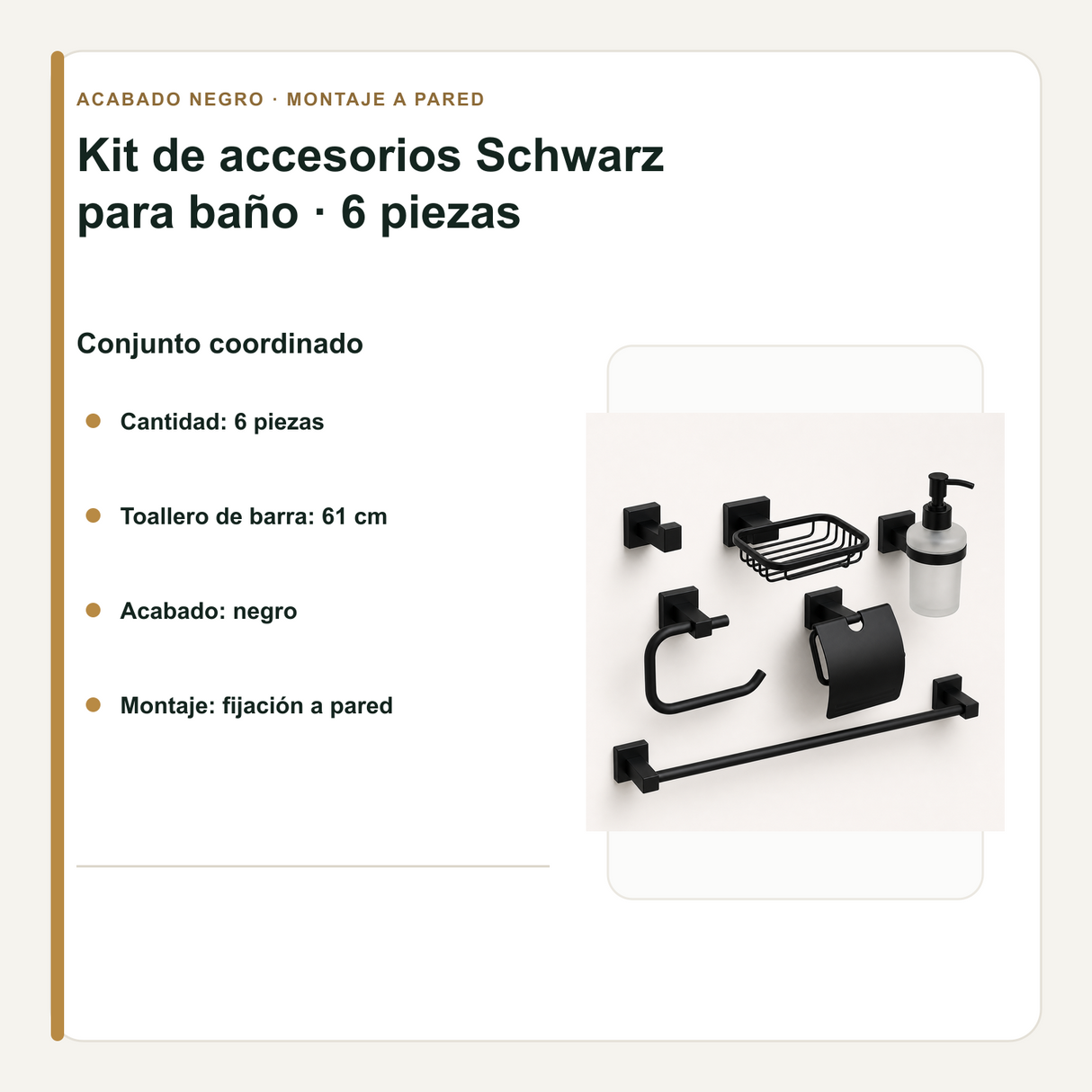 Cantidad, acabado y medida del toallero de barra del kit