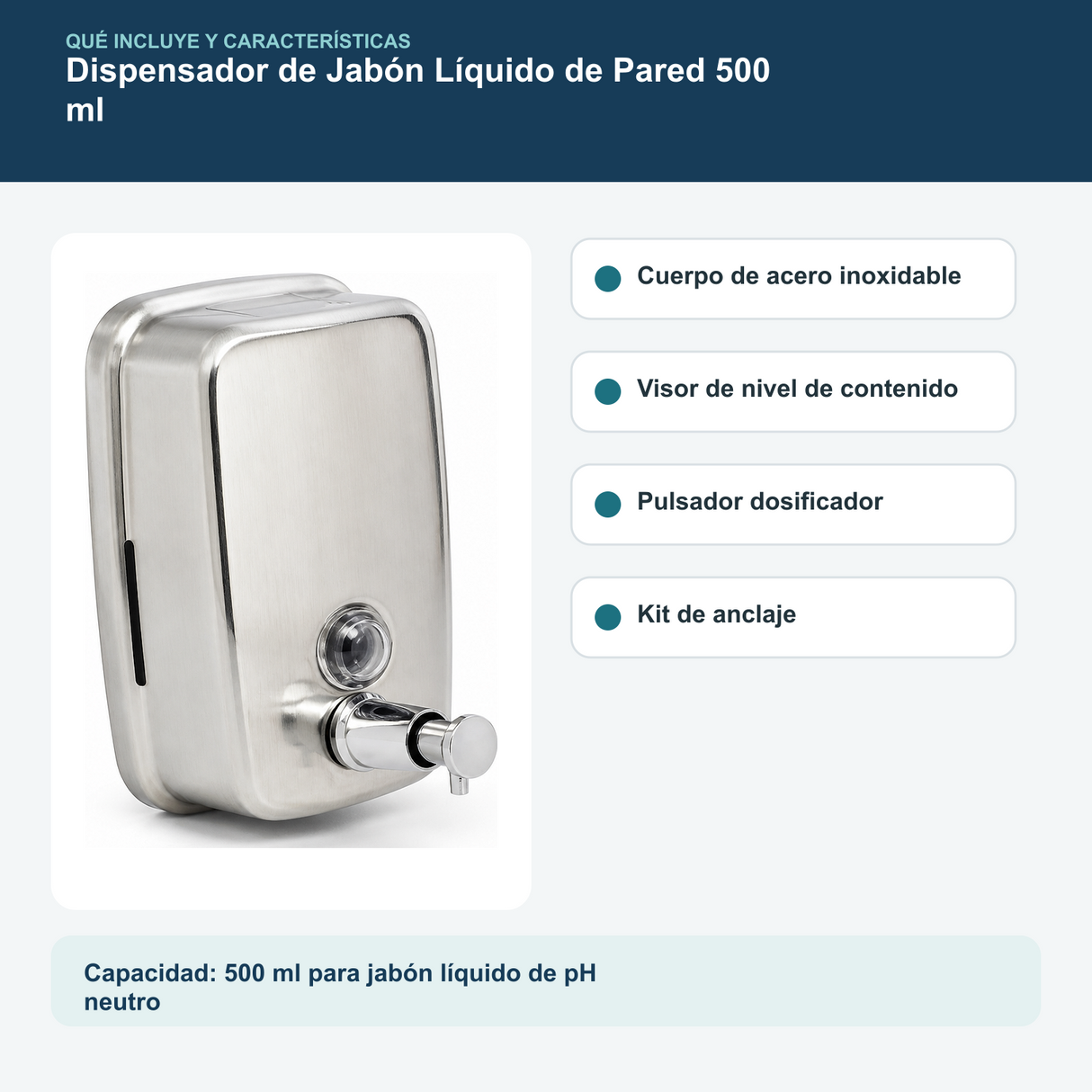Contenido y características del dispensador de jabón líquido de pared de 500 ml