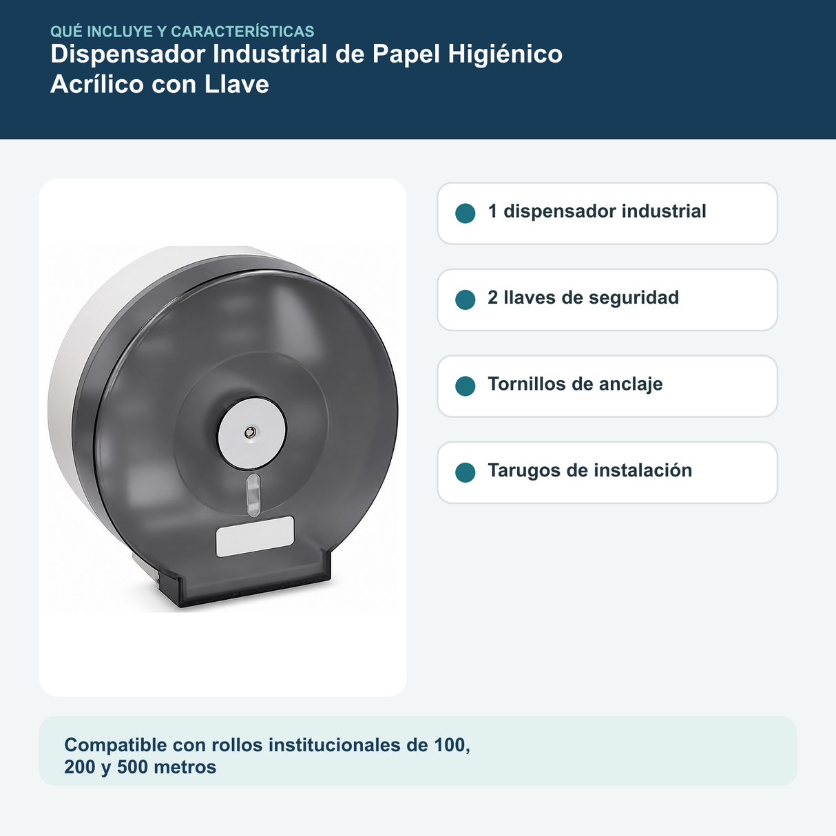 Contenido y características del dispensador industrial de papel higiénico acrílico con llave