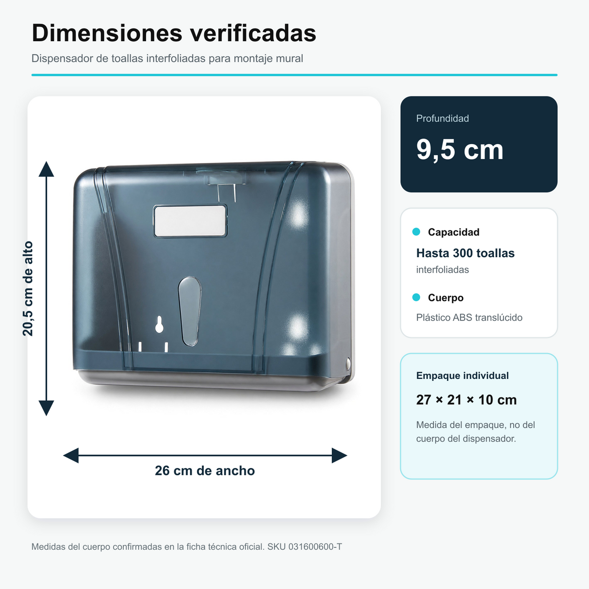 Medidas reales del dispensador de toallas y dimensiones del empaque