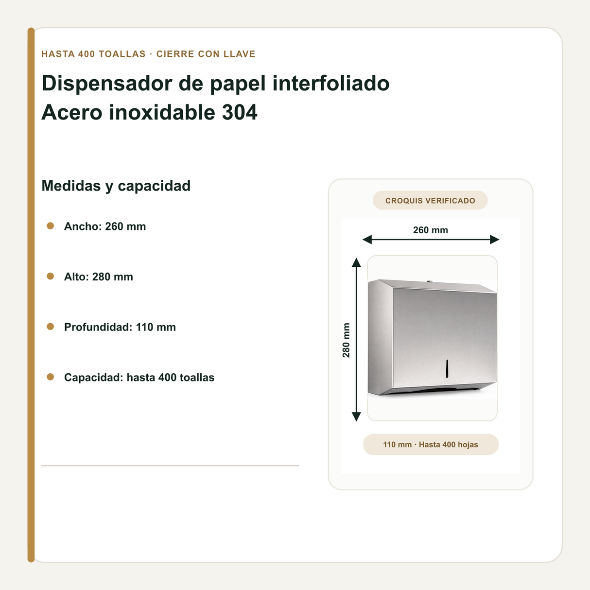 Ancho, alto, profundidad y capacidad del dispensador