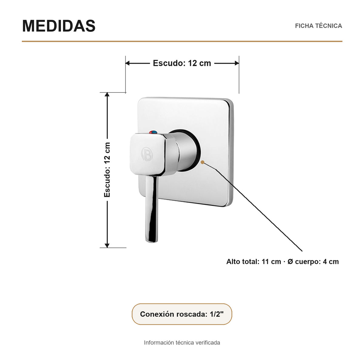 Medidas verificadas sobre el producto — Registro monocontrol para ducha con escudo cuadrado cromado