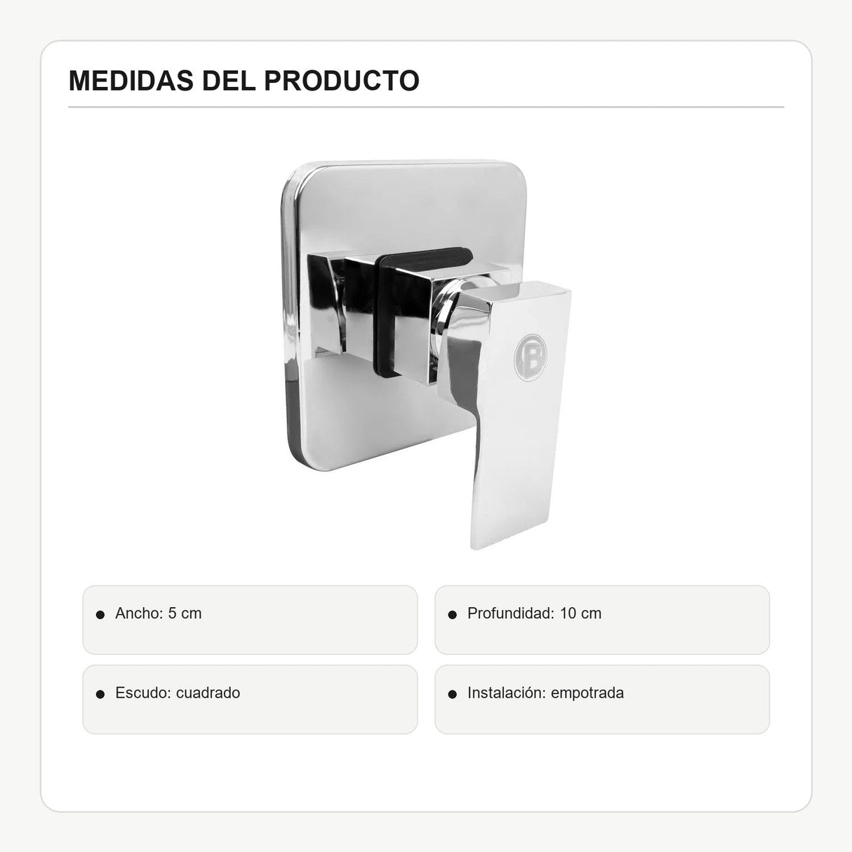 Registro monocontrol para ducha con escudo cuadrado en acero inoxidable con medidas verificadas