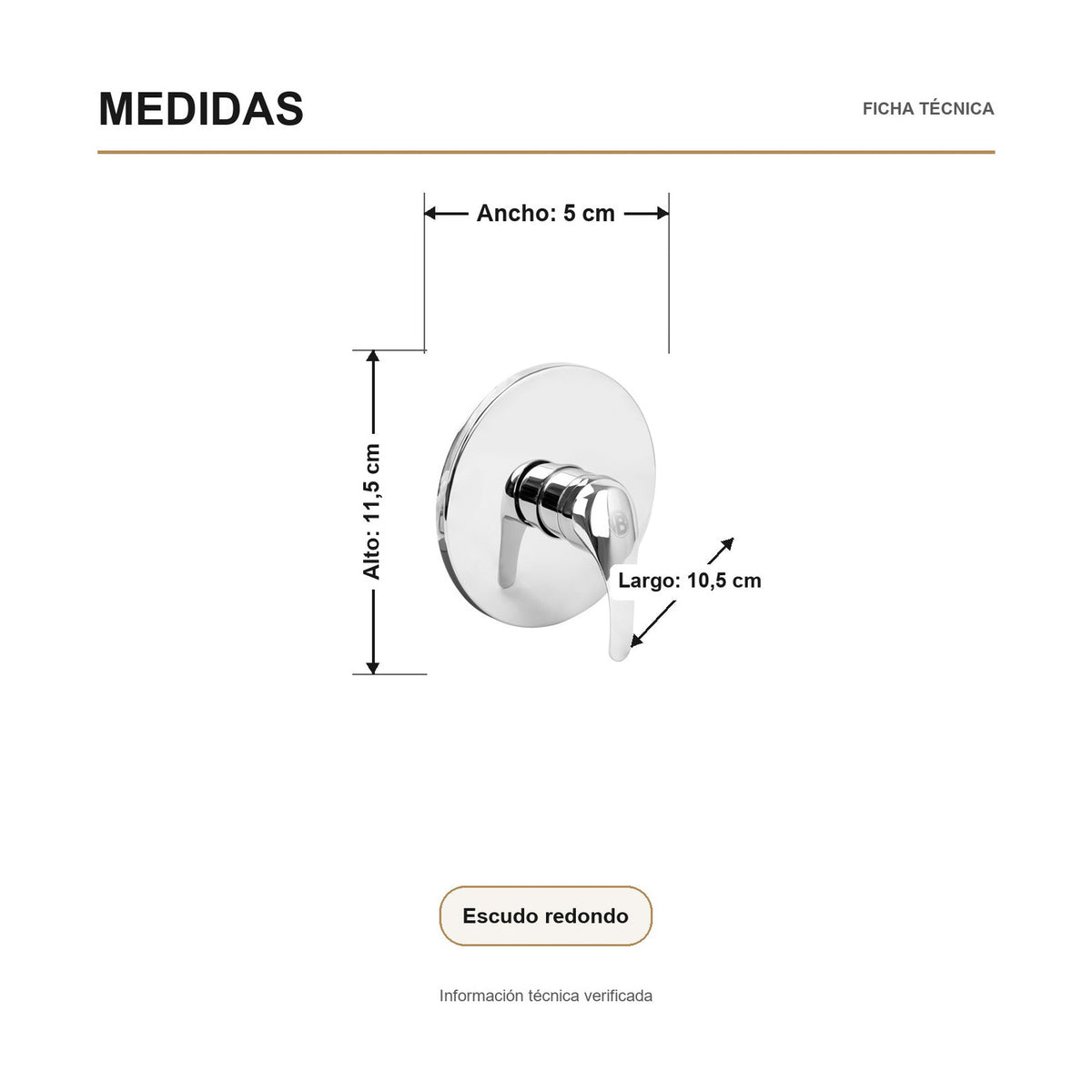 Medidas verificadas sobre el producto — Registro monocontrol para ducha con escudo redondo en acero inoxidable