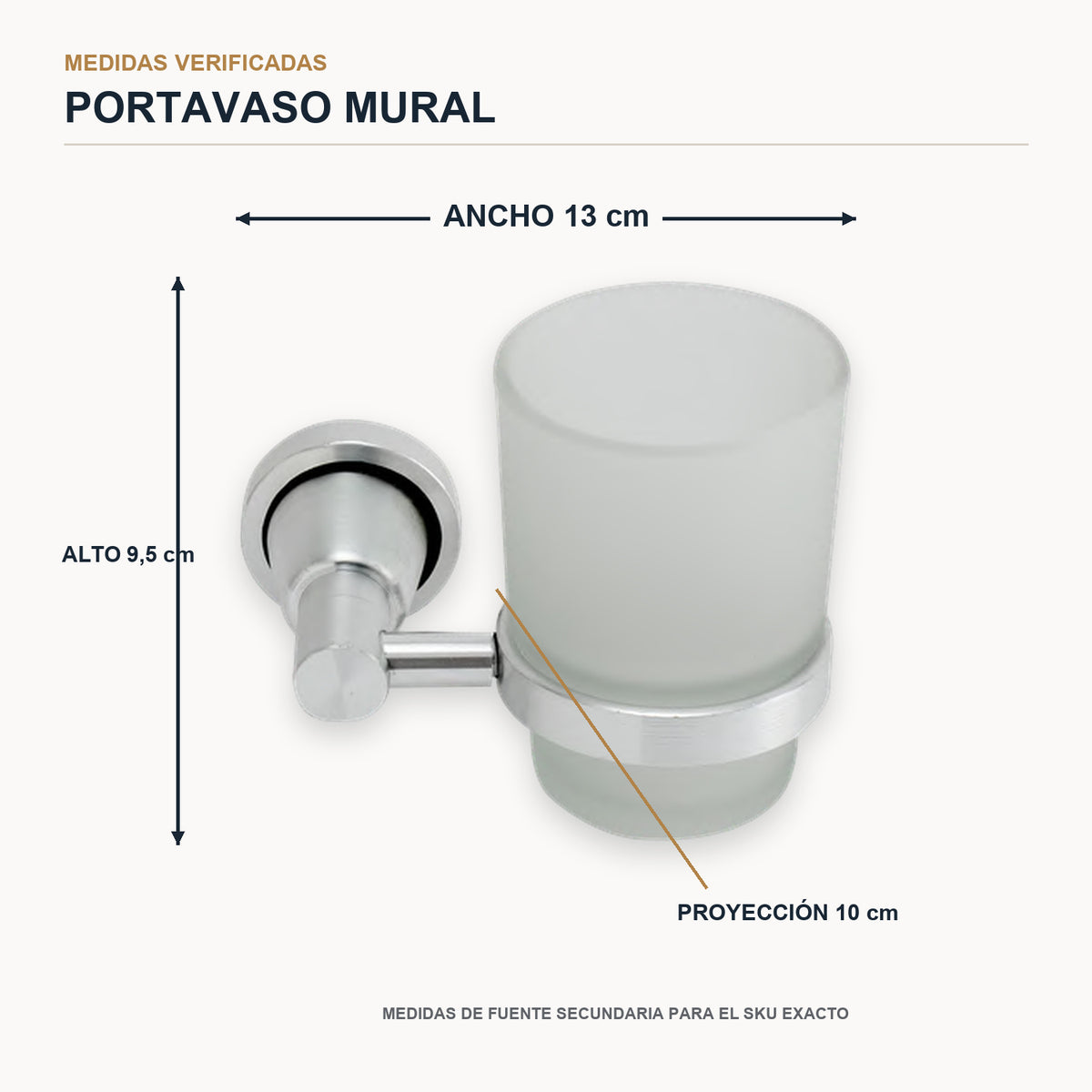 Portavaso mural de aluminio satinado con vaso de cristal con medidas verificadas