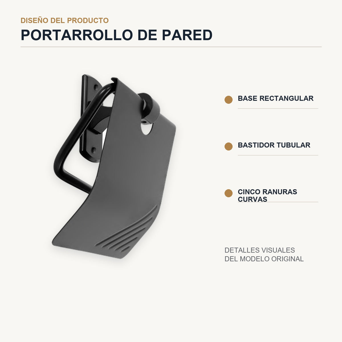 Diseño del portarrollos en aluminio negro con cinco ranuras diagonales