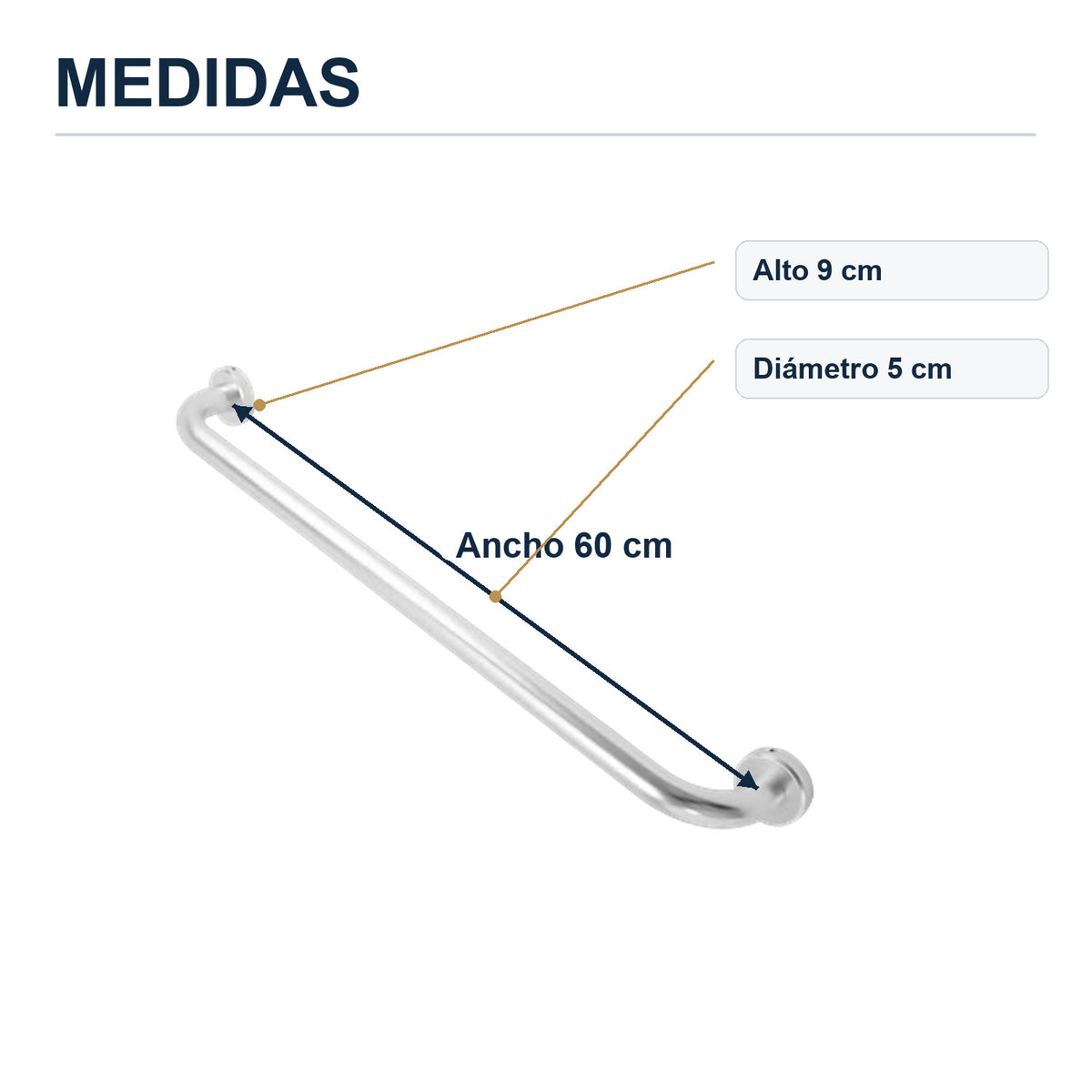 Barra de seguridad de aluminio cromado de 60 cm con sus medidas verificadas sobre el producto