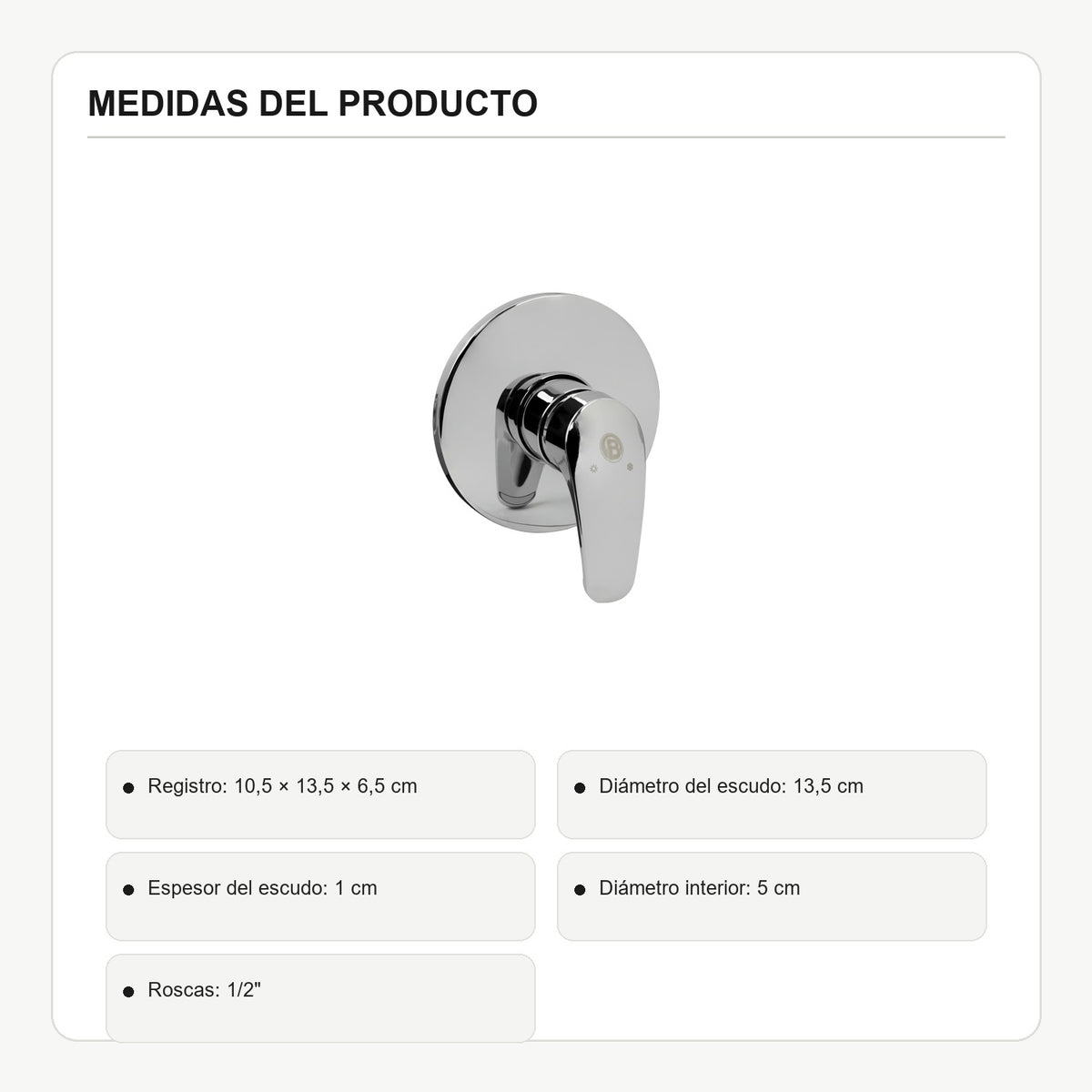 Registro monocontrol para ducha en ABS cromado con escudo redondo con medidas verificadas