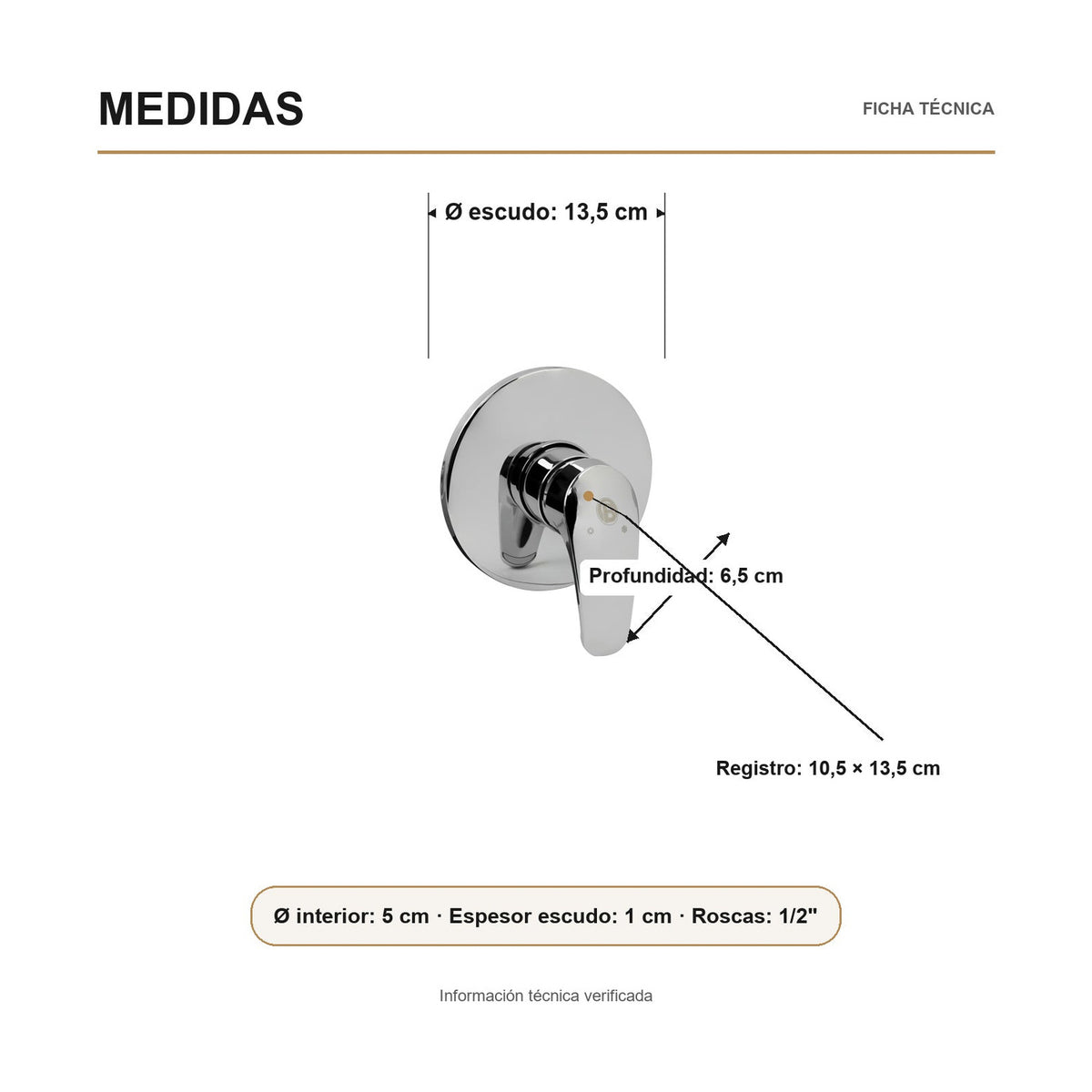 Medidas verificadas sobre el producto — Registro monocontrol para ducha en ABS cromado con escudo redondo