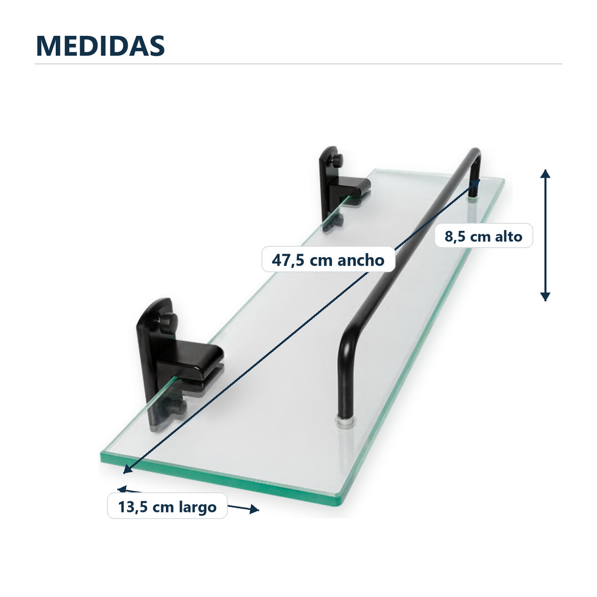 Repisa de vidrio con soportes negros de aluminio con sus medidas verificadas sobre el producto