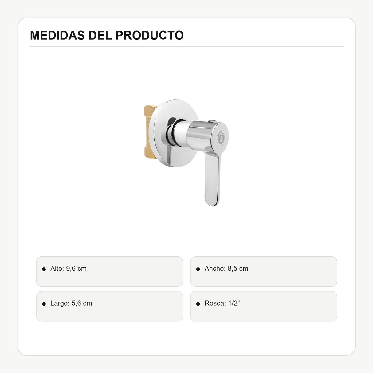 Registro sencillo para ducha en latón con manija lisa cromada con medidas verificadas