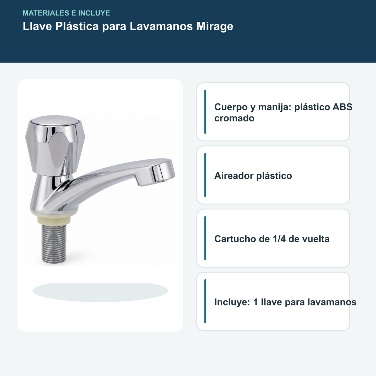 Materiales y contenido de llave plástica cromada para lavamanos Mirage