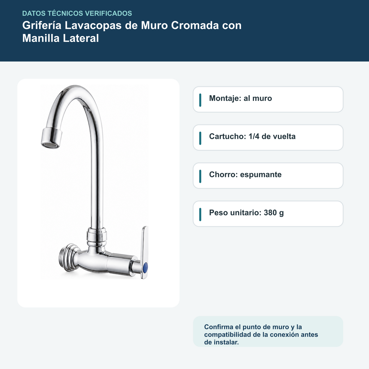 Grifería Lavacopas de Muro Cromada con Manilla Lateral: diagrama o datos técnicos verificados