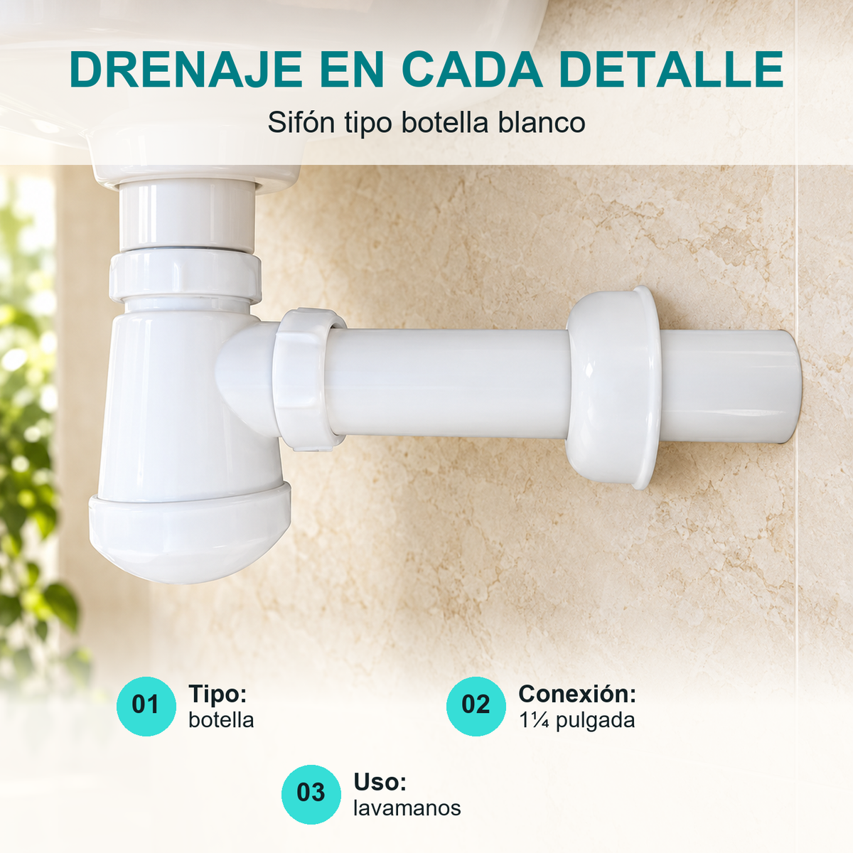 Sifón Tipo Botella 1¼ Pulgadas Blanco para Lavamanos - caracteristicas
