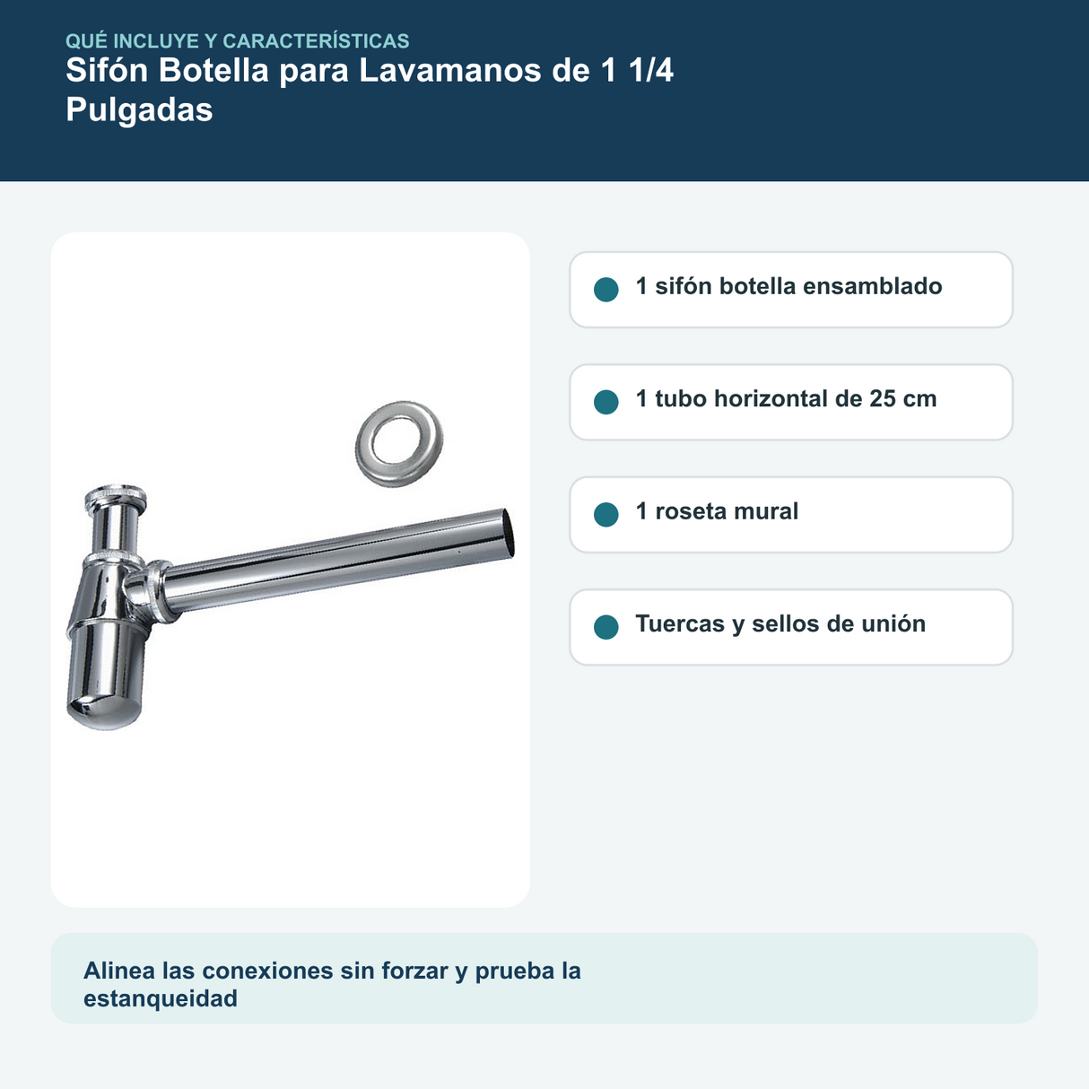Contenido y características del sifón botella para lavamanos de 1 1/4 pulgadas con tubo de 25 cm