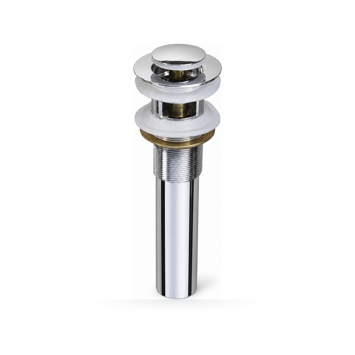 Desagüe Metálico Click-Clack con Rebose de 1 1/4 Pulgadas y Tubo de 12 cm completo sobre fondo blanco profesional
