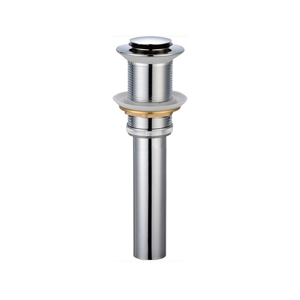 Desagüe Metálico Click-Clack sin Rebose de 1 1/4 Pulgadas con Tubo de 15 cm completo sobre fondo blanco profesional