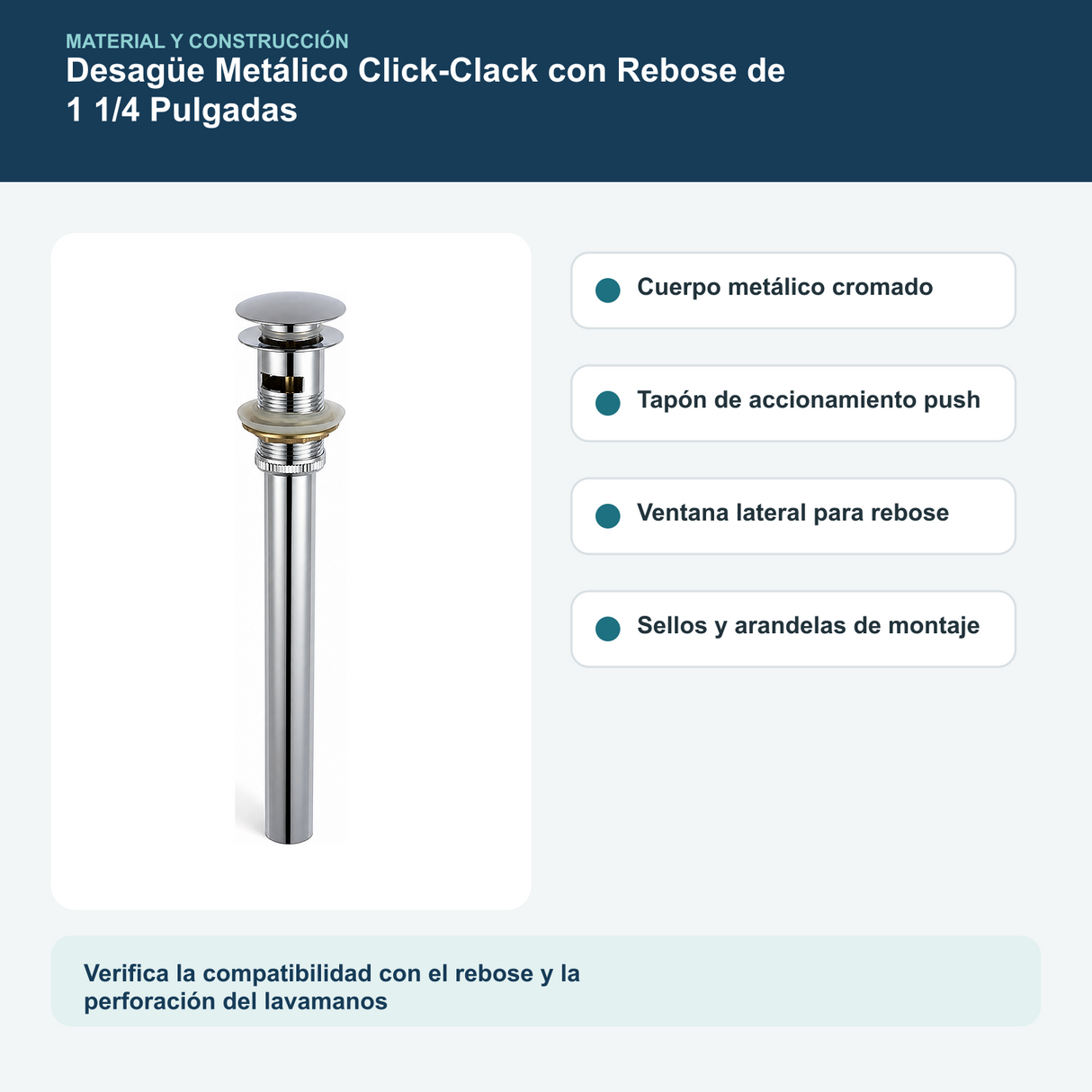 Materiales y construcción verificados del desagüe metálico click-clack con rebose de 1 1/4 pulgadas