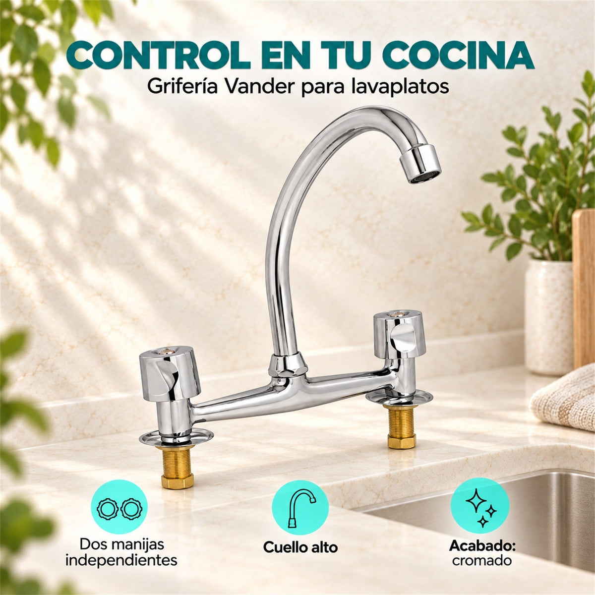 Grifería Lavaplatos Vander Cromada de Dos Manijas - características