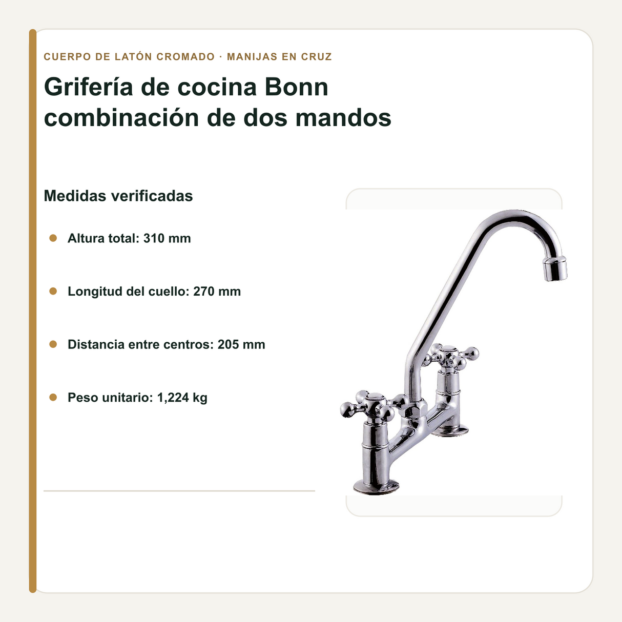 Altura, cuello y distancia entre centros de la grifería de cocina