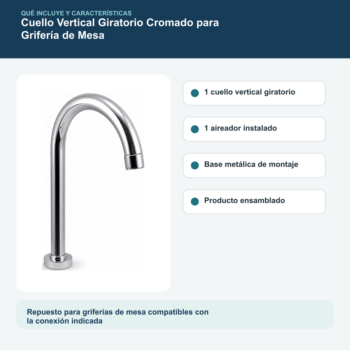Contenido y características del cuello vertical giratorio cromado para grifería de mesa