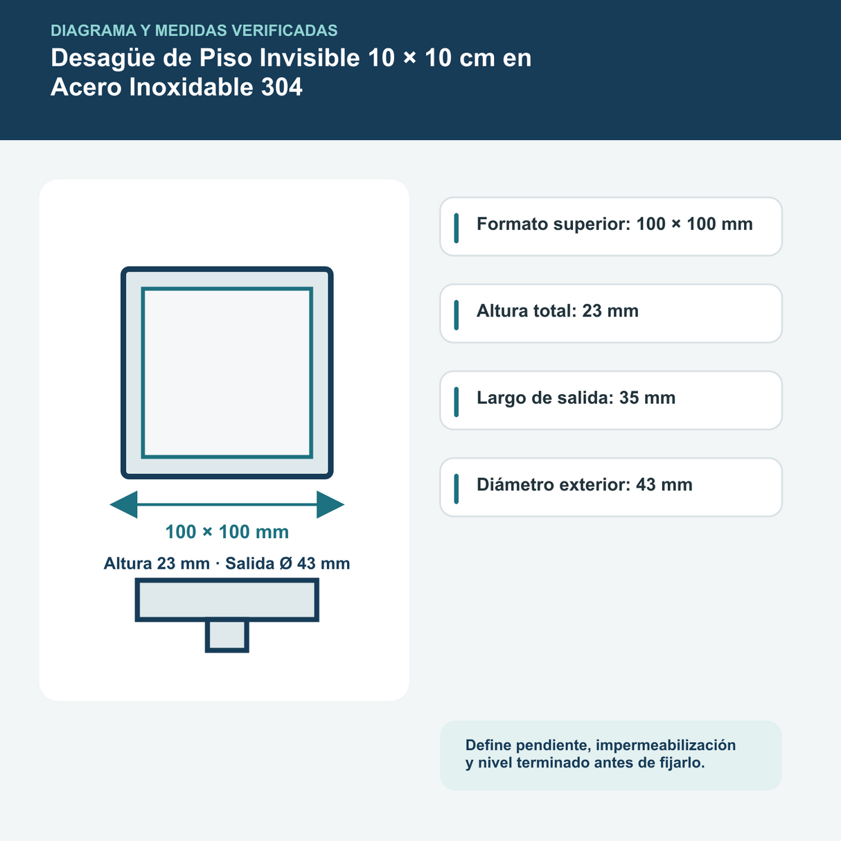 Desagüe de Piso Invisible 10 × 10 cm en Acero Inoxidable 304: diagrama o datos técnicos verificados