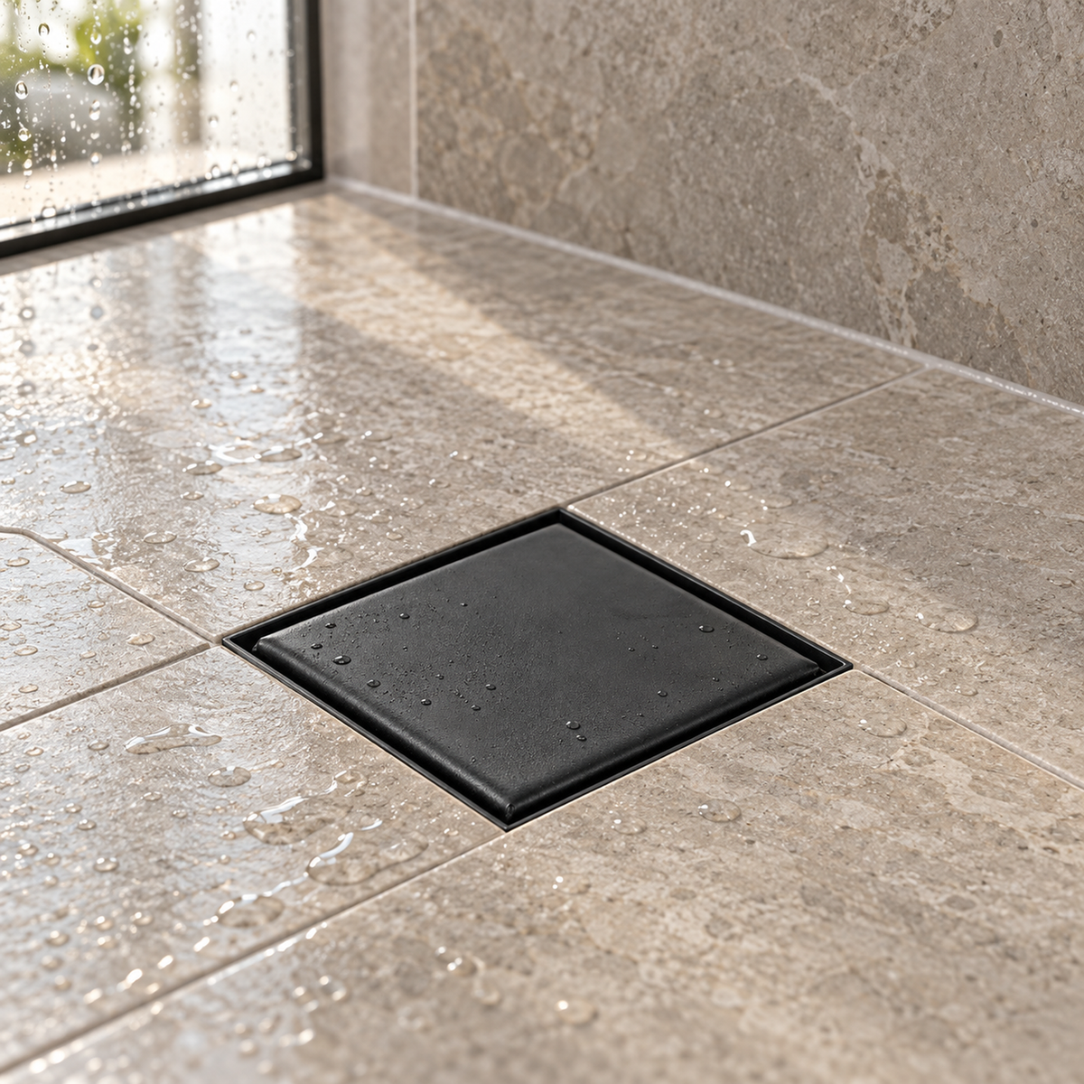 Rejilla de piso invisible negro mate instalada en piso de ducha