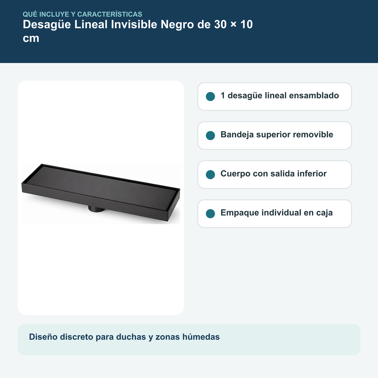 Contenido y características del desagüe lineal invisible negro de 30 × 10 cm