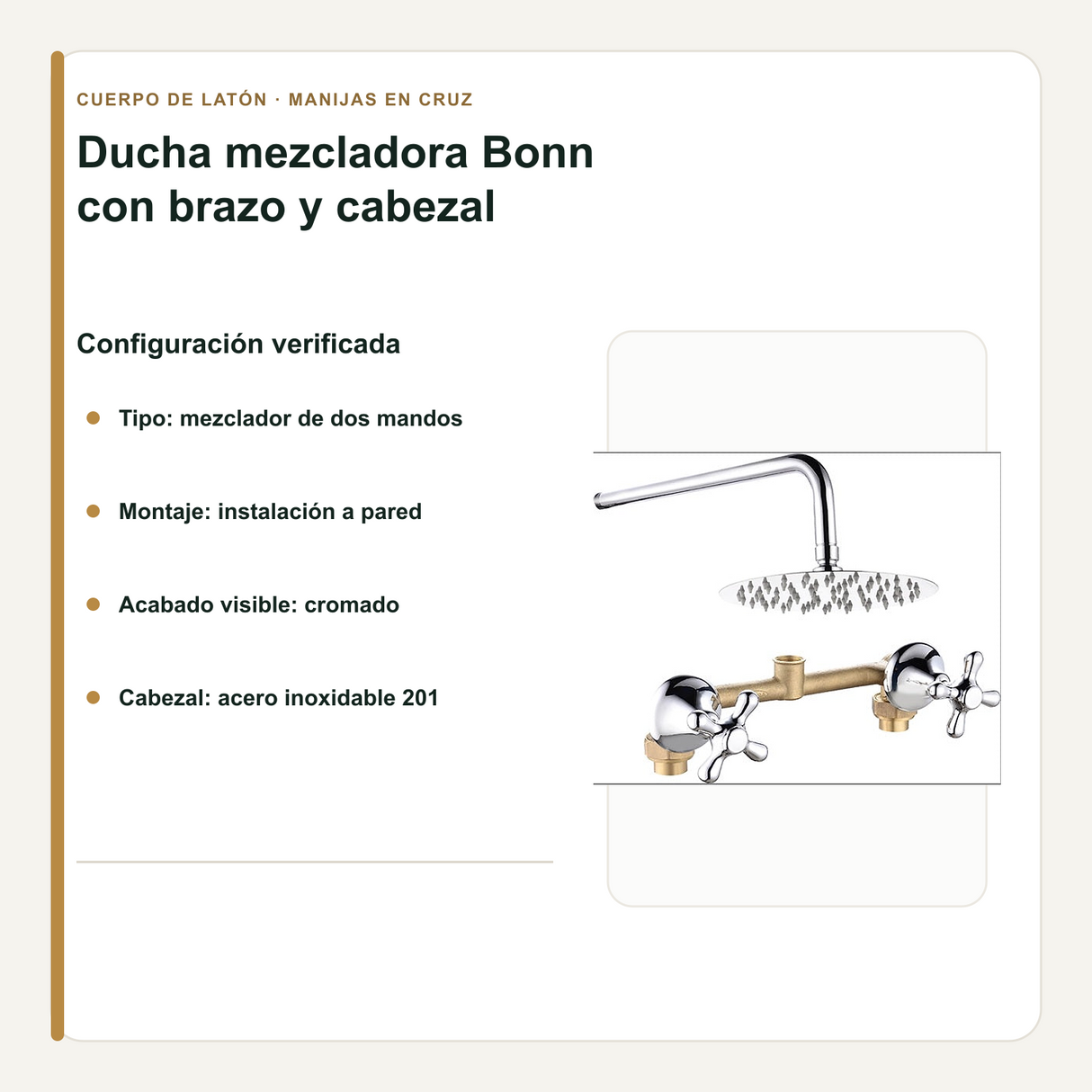 Configuración y materiales verificados de la ducha mezcladora