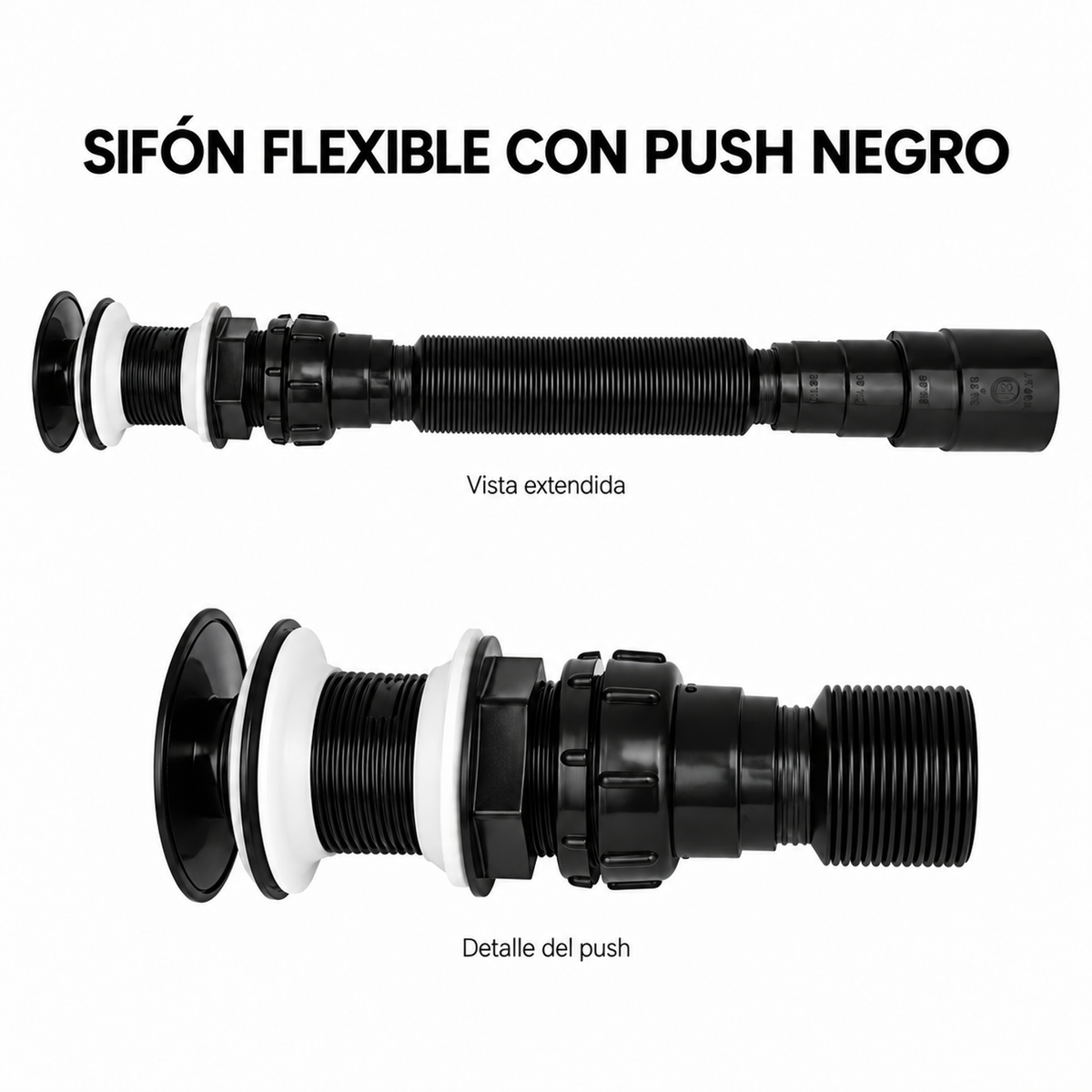 Sifón flexible negro con push SCLV-07 extendido y detalle de sus conexiones y sellos