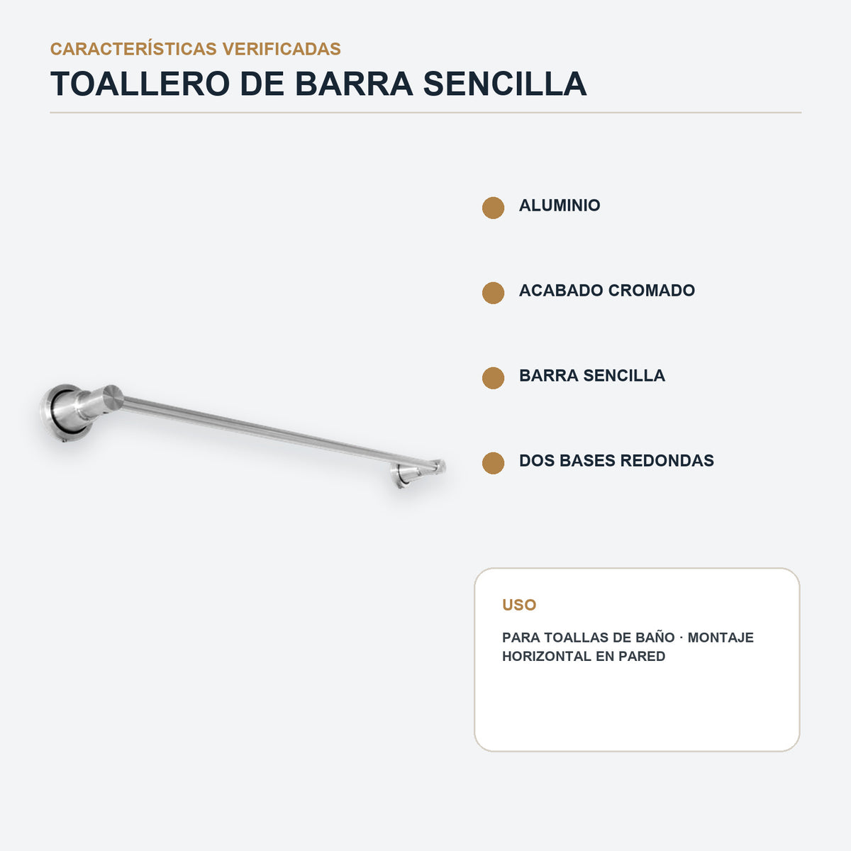 Toallero de barra sencilla de 60 cm en aluminio cromado con características principales