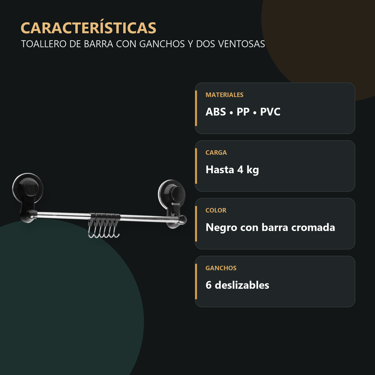 Características principales de toallero de barra con ganchos