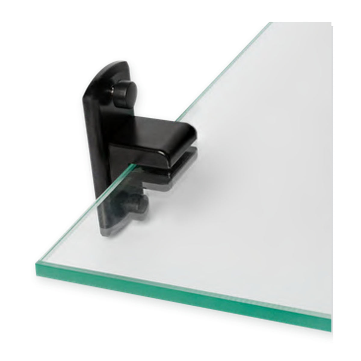 Repisa de vidrio con soportes negros de aluminio detalle del dise�o y acabado