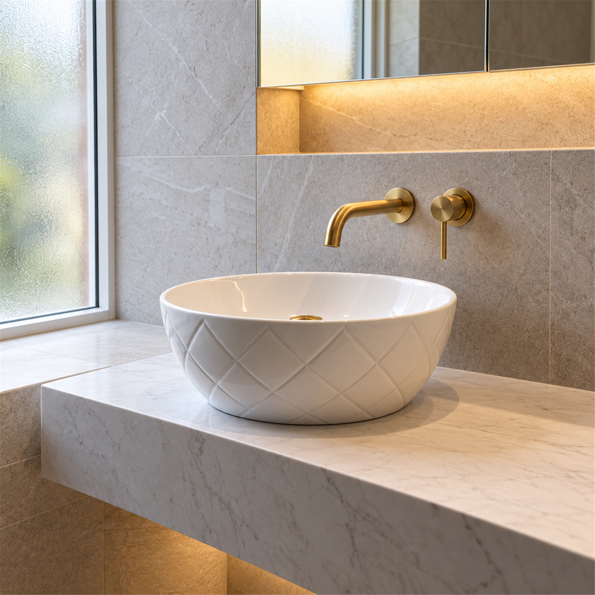 Lavamanos Argyle blanco de sobreponer en ambiente de baño; grifería y desagüe decorativos no incluidos.