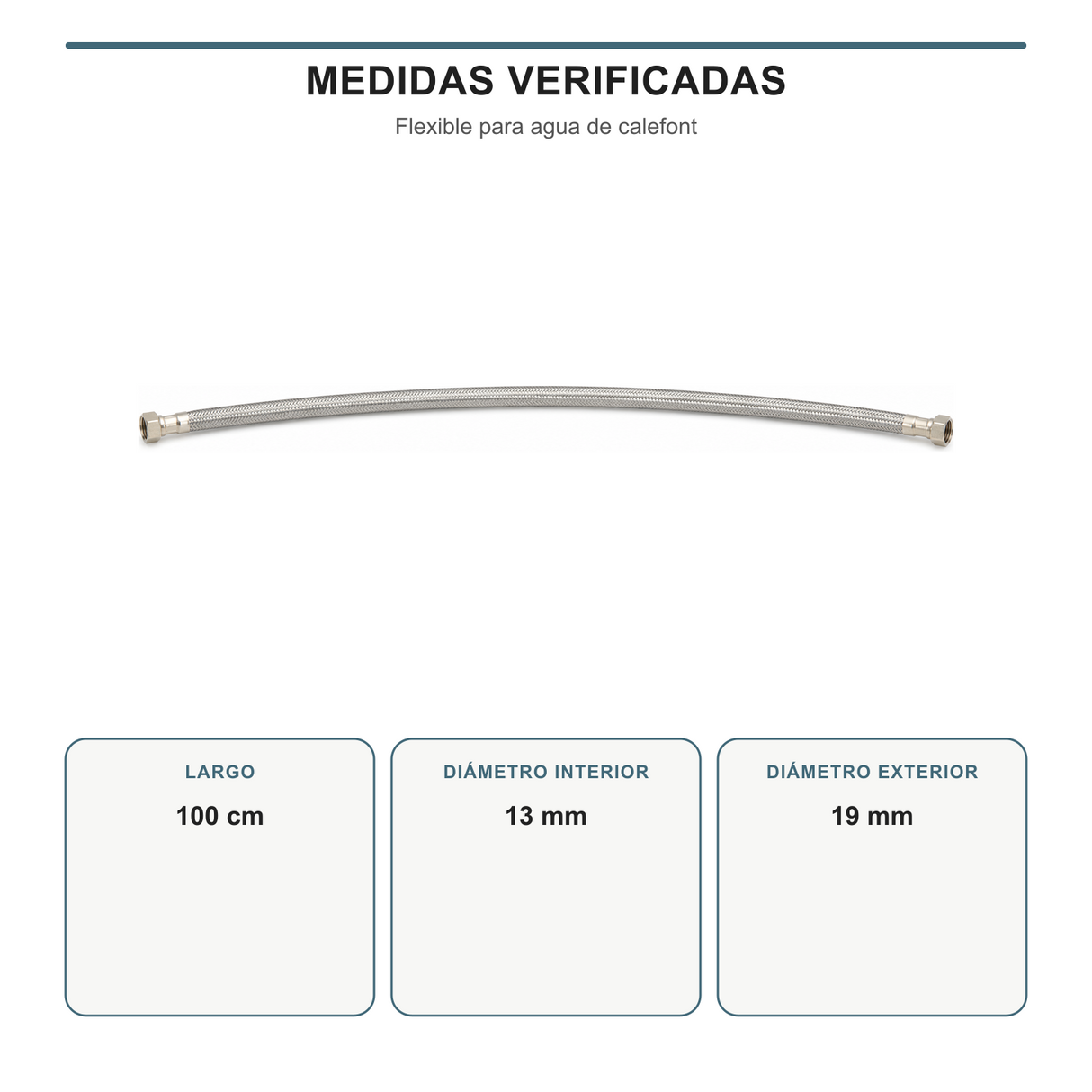 Medidas de la manguera flexible de 100 cm con diámetros interior de 13 mm y exterior de 19 mm