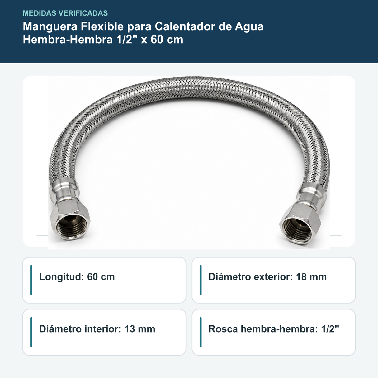 Medidas de manguera flexible para calentador de 60 cm con diámetros de 18 y 13 mm