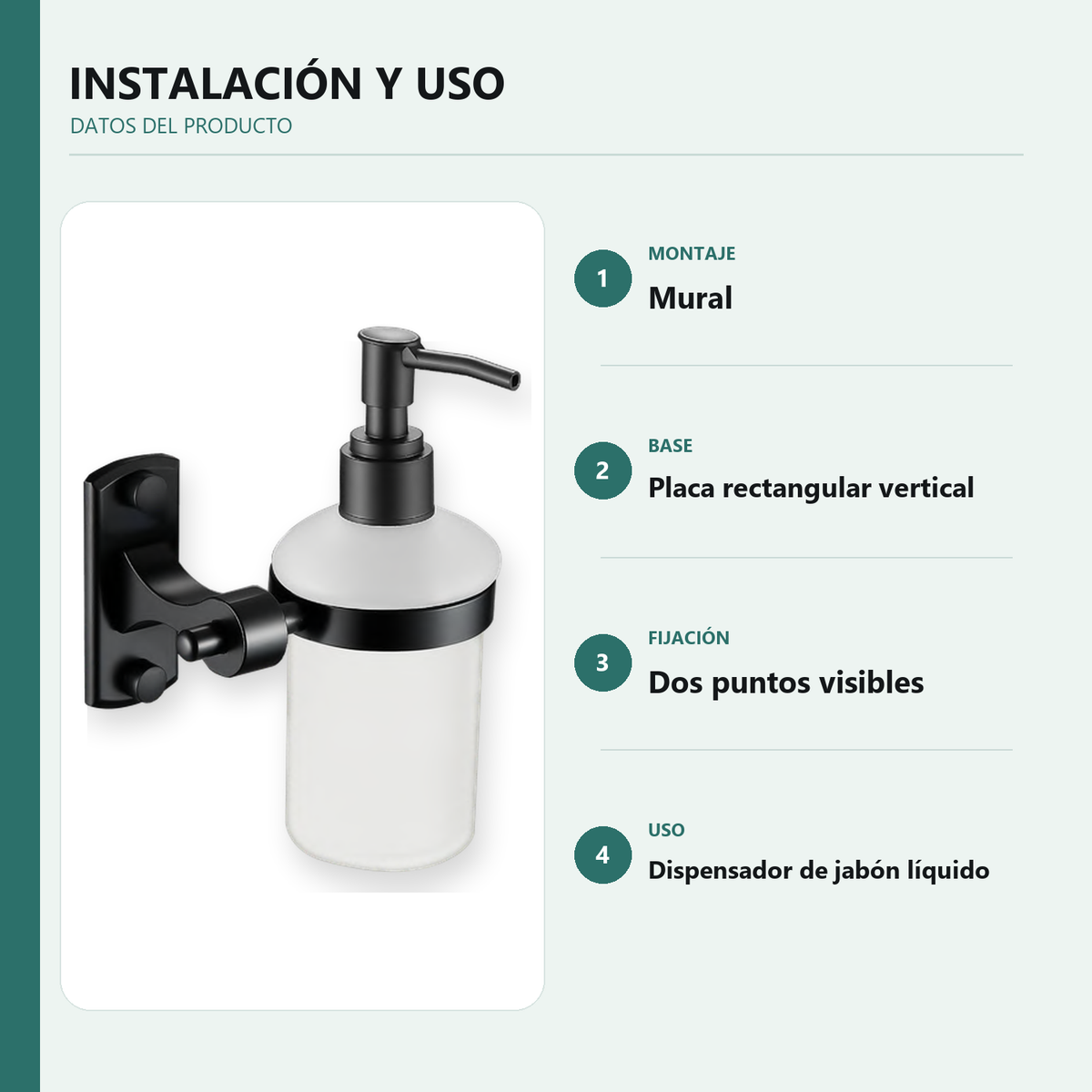 Información de instalación y uso de dispensador mural de jabón líquido